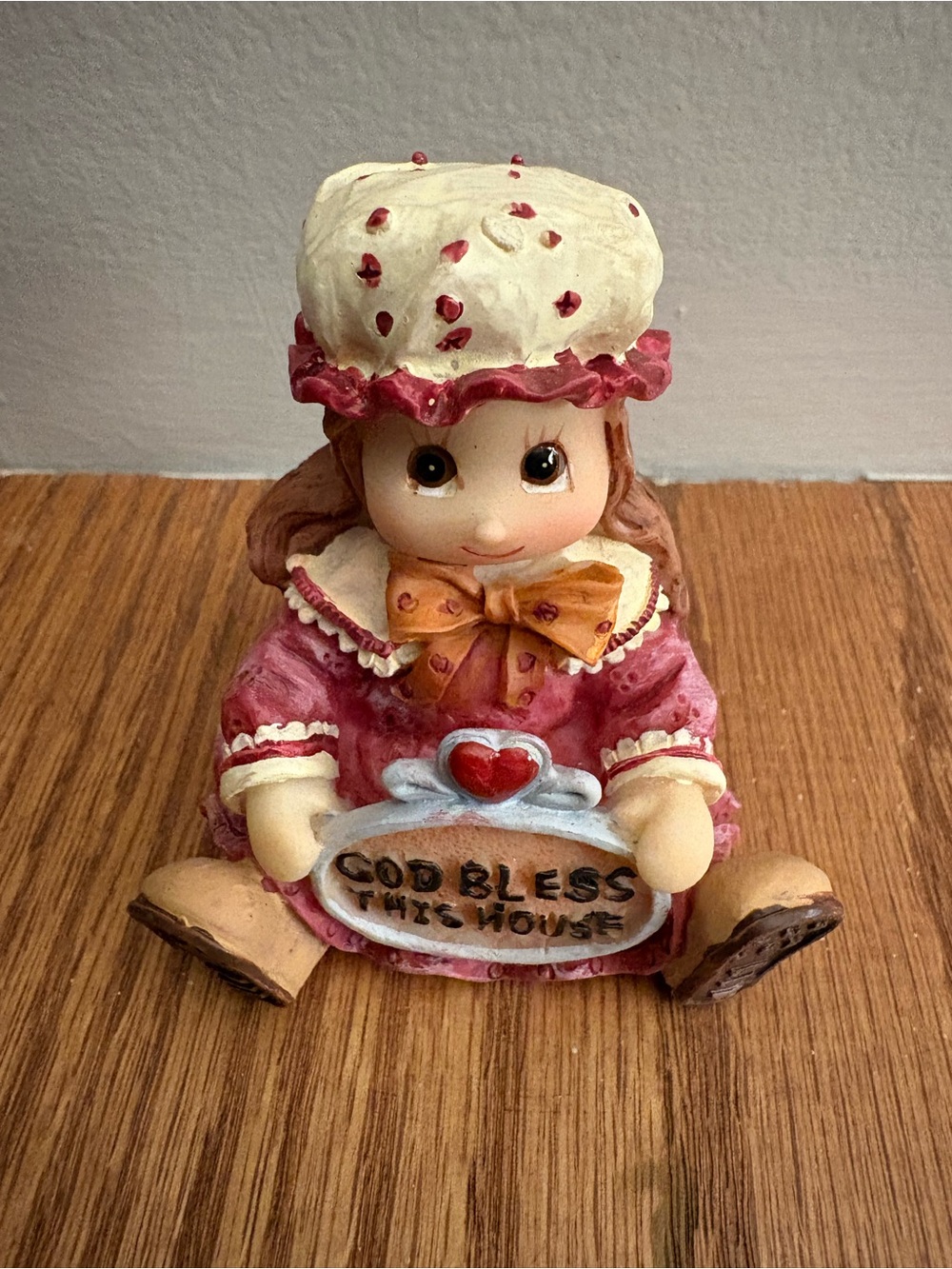 Vintage Ceramic Girl Figurine God Bless This House Pink Cottagecore New Home